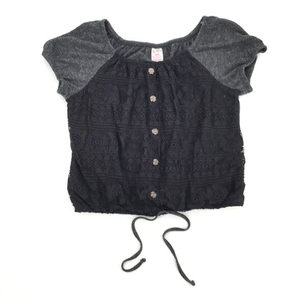 No Boundaries Lace Button Front Short Sleeve Top XL (15-17) Big Kids Gray Black - Picture 1 of 6